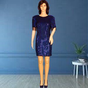 SILK! ROYAL FEELINGS size 6 black/blue sequined 100% silk party/cocktail dress